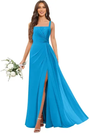 OFEECHUN Chiffon Square Neck Bridesmaid Dresses for Women Long Pleated Formal Evening Gowns with Slit