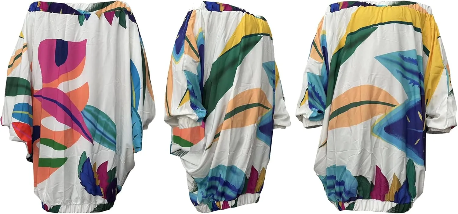 Off Shoulder Midi Dress for Women African Printed Long Sleeve Plus Size Pleated Sundress