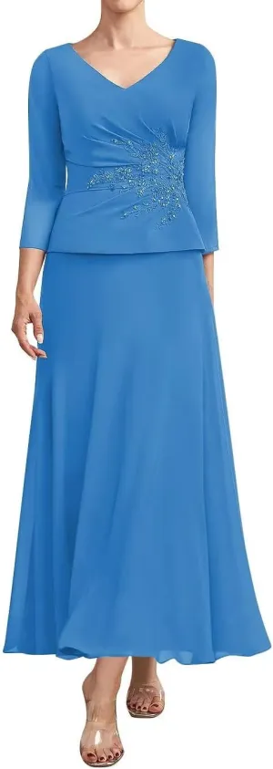 One Piece 3/4 Long Sleeve Formal Outfits for Women Tea Length Mother of The Bride Dresses for Wedding