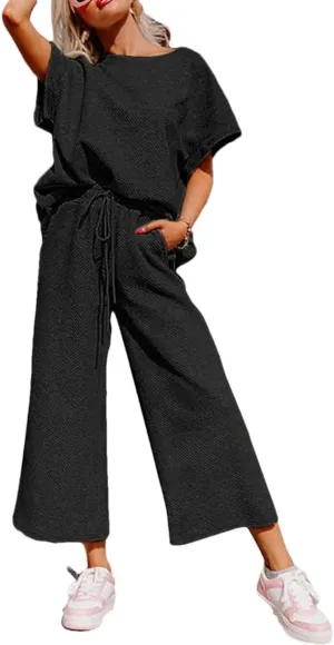 OPCAKM Women's 2 Piece Textured Sweatsuit Knit Short Sleeve Pullover Top Wide Leg Pant Tracksuit Set