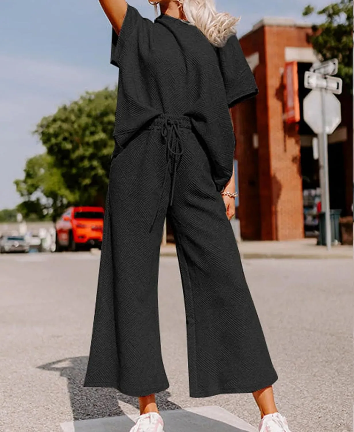 OPCAKM Women's 2 Piece Textured Sweatsuit Knit Short Sleeve Pullover Top Wide Leg Pant Tracksuit Set