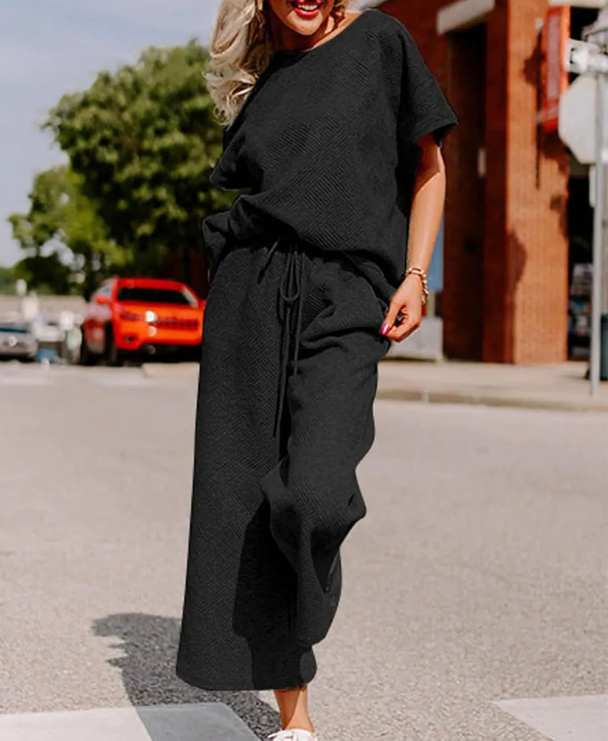 OPCAKM Women's 2 Piece Textured Sweatsuit Knit Short Sleeve Pullover Top Wide Leg Pant Tracksuit Set