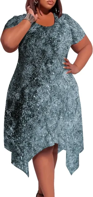Oversize Tshirt Dress for Women Summer Printing Casual Plus Size Crewneck Short Sleeves Midi Tunic Dress with Pockets