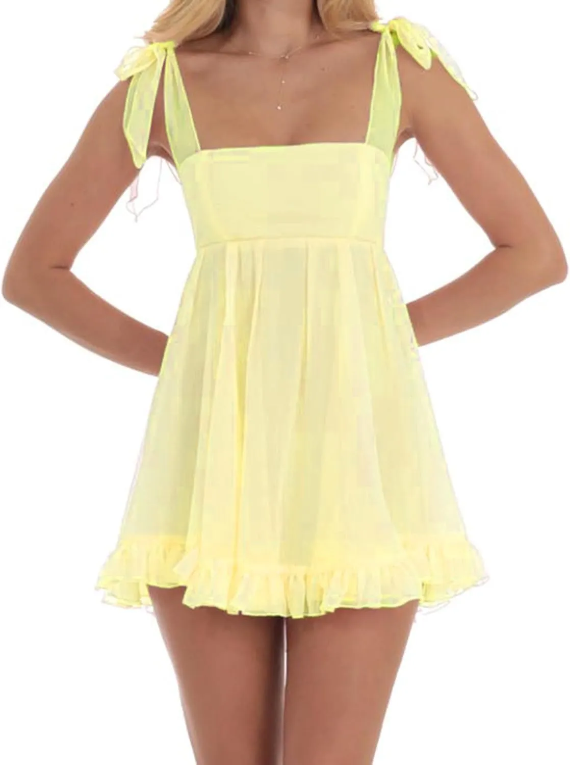 Owl's-Yard Women's Summer Mini Dress Tie Shoulder Ruffle Flowy Babydoll Dress Sleeveless Floral Print Going Out Sundress