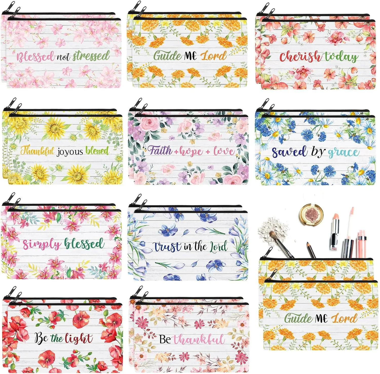 Paterr 20 Pcs Christian Cosmetic Bags Inspirational Bible Verse Makeup Bag with Zipper Canvas Toiletry Pouches Floral Pencil Religious Motivational Graduation Gift for Women Mother Church Favors