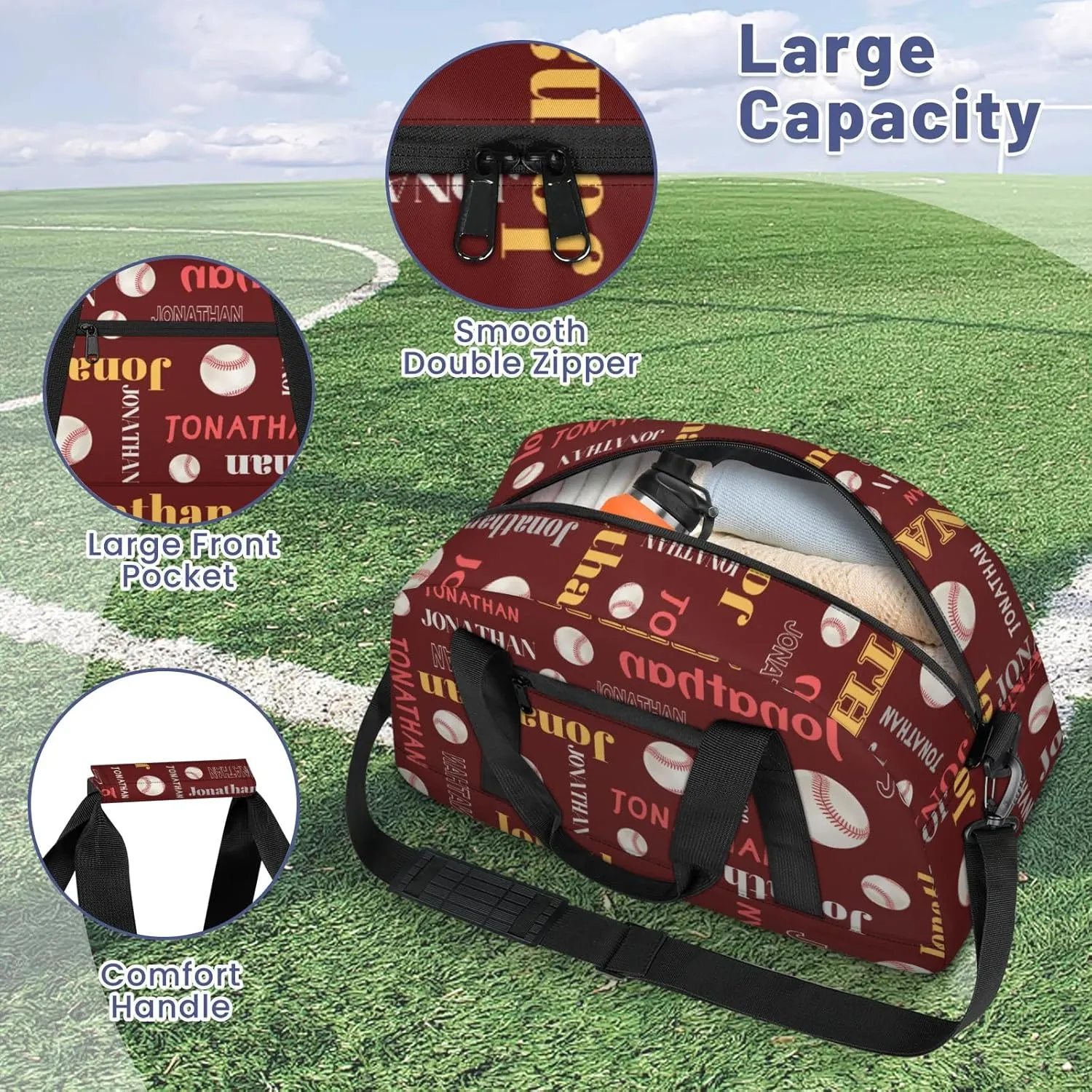 Personalized Duffle Bag - Custom Name Kids Sports Bag, Sleepover Bags for Girls, Lightweight Toddler Boys Overnight Bag for Weekender Travel Cheer Dance Ball Game, Baseball Text