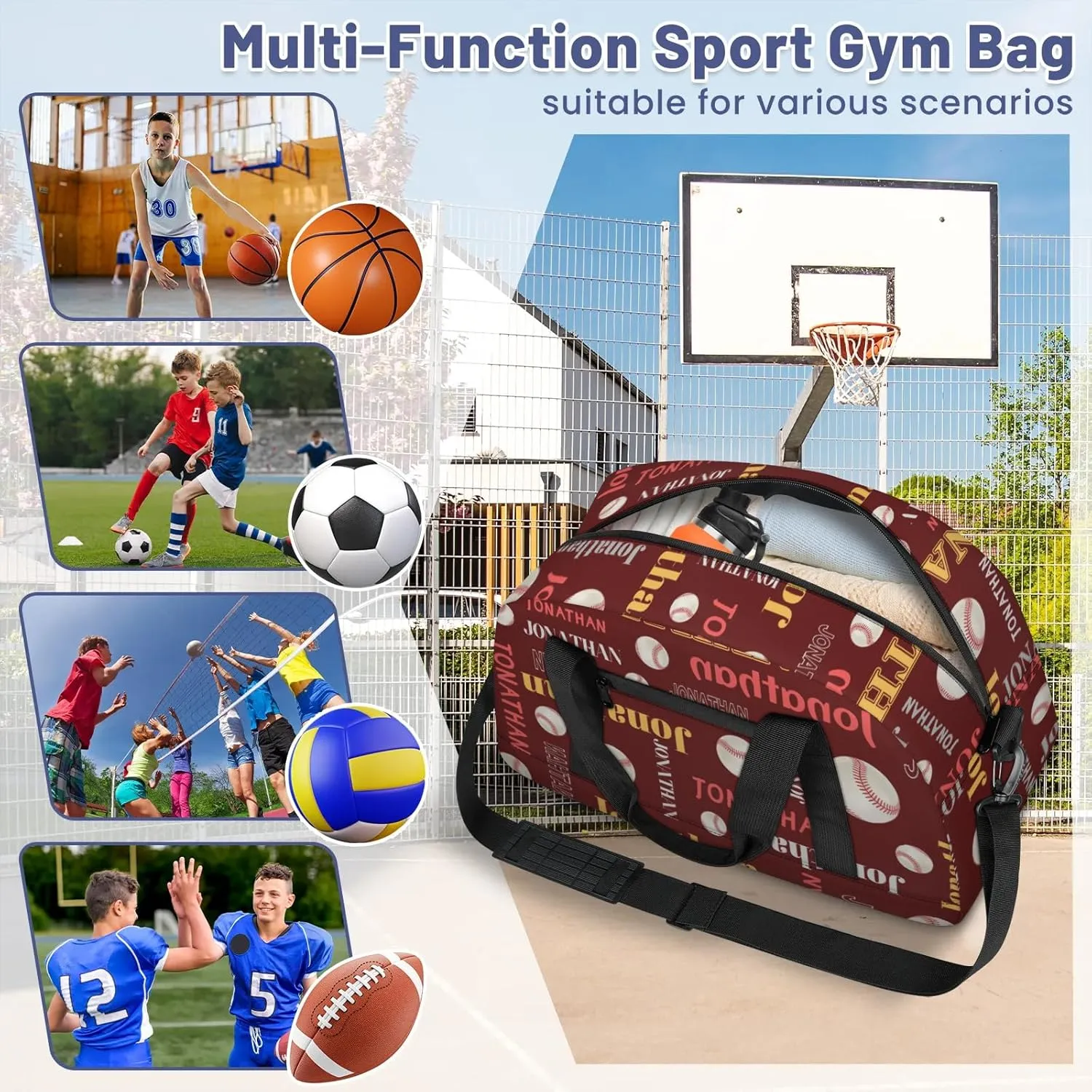 Personalized Duffle Bag - Custom Name Kids Sports Bag, Sleepover Bags for Girls, Lightweight Toddler Boys Overnight Bag for Weekender Travel Cheer Dance Ball Game, Baseball Text