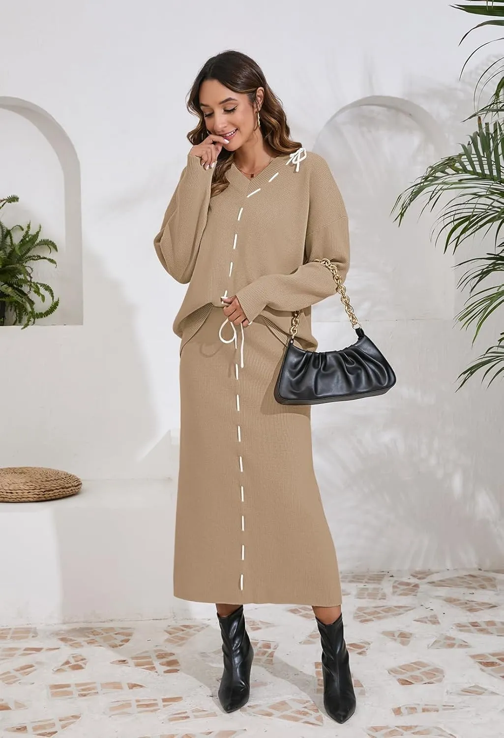 Pink Queen 2024 Women's 2 Piece Sweater Set V Neck Rib Knit Long Sleeve Maxi Bodycon Skirt Casual Outfits