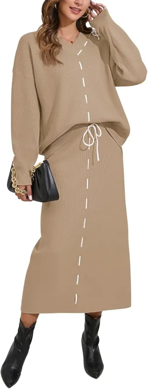Pink Queen 2024 Women's 2 Piece Sweater Set V Neck Rib Knit Long Sleeve Maxi Bodycon Skirt Casual Outfits