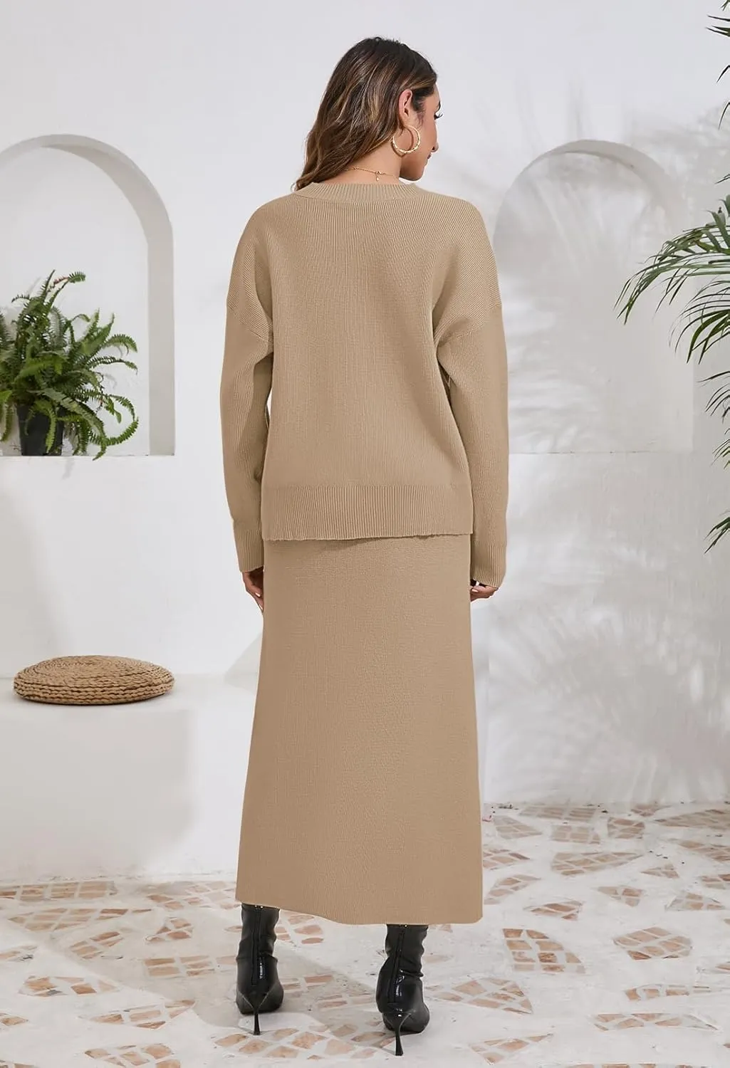 Pink Queen 2024 Women's 2 Piece Sweater Set V Neck Rib Knit Long Sleeve Maxi Bodycon Skirt Casual Outfits