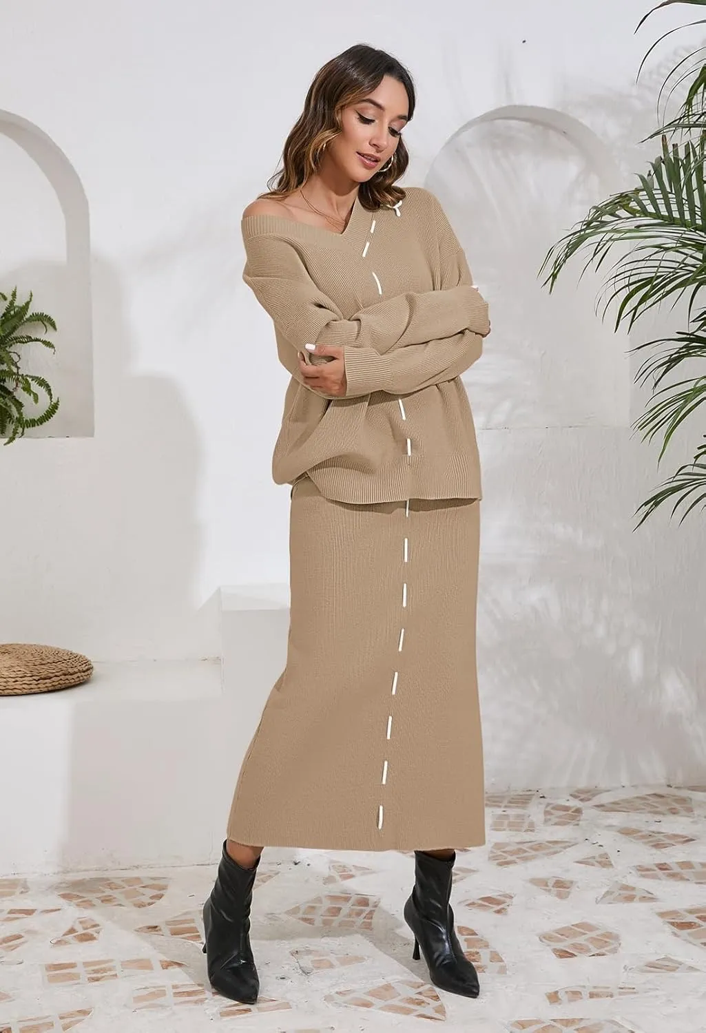 Pink Queen 2024 Women's 2 Piece Sweater Set V Neck Rib Knit Long Sleeve Maxi Bodycon Skirt Casual Outfits