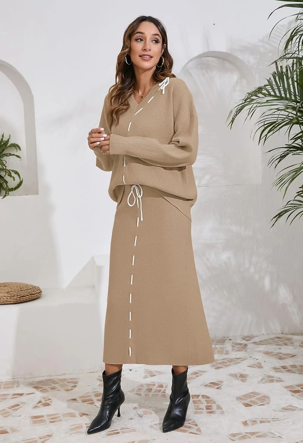 Pink Queen 2024 Women's 2 Piece Sweater Set V Neck Rib Knit Long Sleeve Maxi Bodycon Skirt Casual Outfits