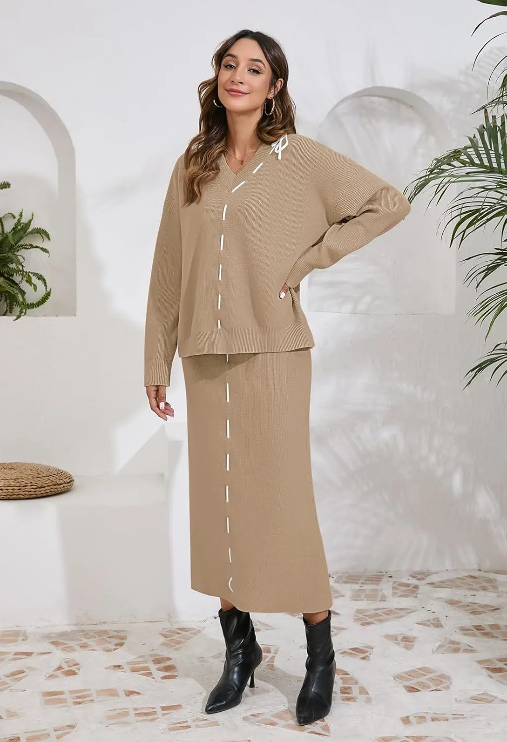 Pink Queen 2024 Women's 2 Piece Sweater Set V Neck Rib Knit Long Sleeve Maxi Bodycon Skirt Casual Outfits