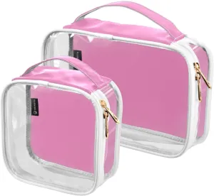 Pink Solid Color Clear Makeup Bags TSA Approved Toiletry Bag for Women Men Cosmetic Bags with Handle Carry On Airport Airline Compliant Bag Quart Size PVC Travel Bags for Toiletries Organizing, 2 Pack