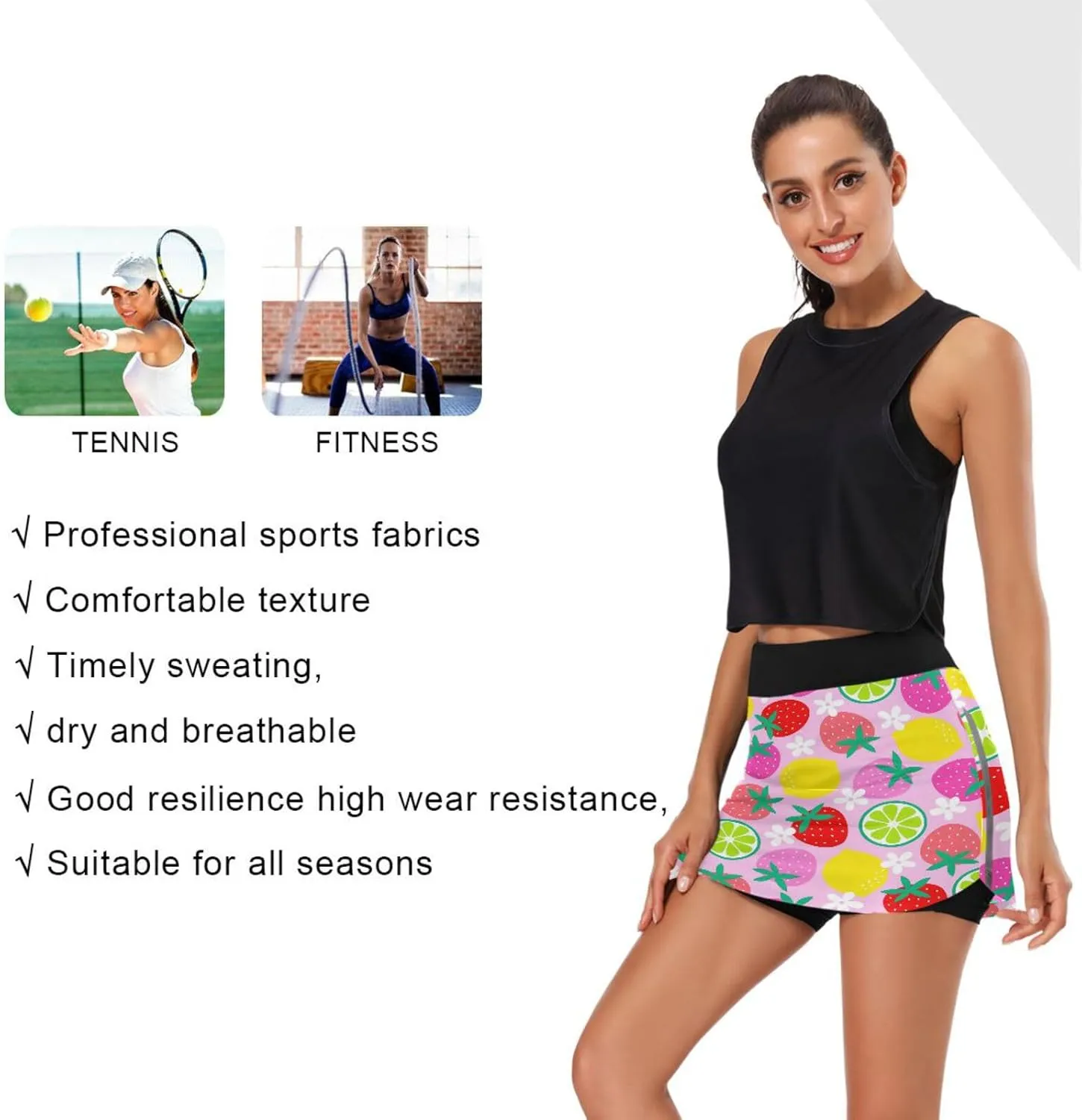 Plaaee Tennis Skirts for Women Cute Strawberry Citrus Fruit Golf Athletic Skorts Workout Running Shorts S