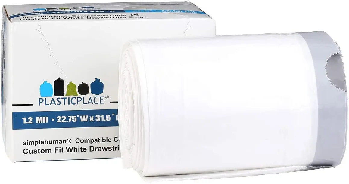 Plasticplace Custom Fit Trash Bags, Compatible with simplehuman Code N (50 Count) White Drawstring Garbage Liners 12-13 Gallon / 45-50 Liters, 22.5" x 31.5"