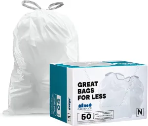 Plasticplace Custom Fit Trash Bags, Compatible with simplehuman Code N (50 Count) White Drawstring Garbage Liners 12-13 Gallon / 45-50 Liters, 22.5" x 31.5"