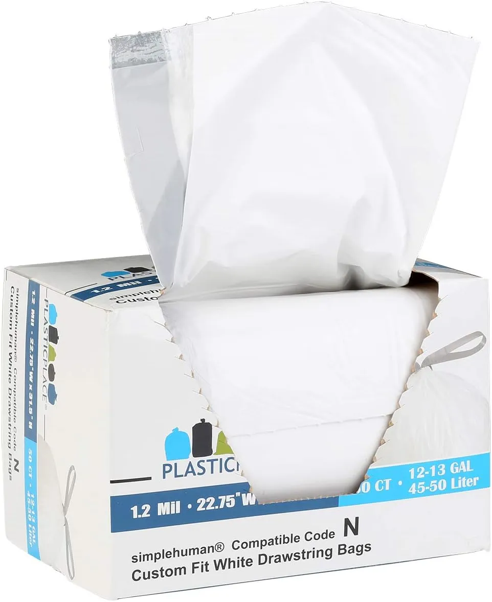 Plasticplace Custom Fit Trash Bags, Compatible with simplehuman Code N (50 Count) White Drawstring Garbage Liners 12-13 Gallon / 45-50 Liters, 22.5" x 31.5"