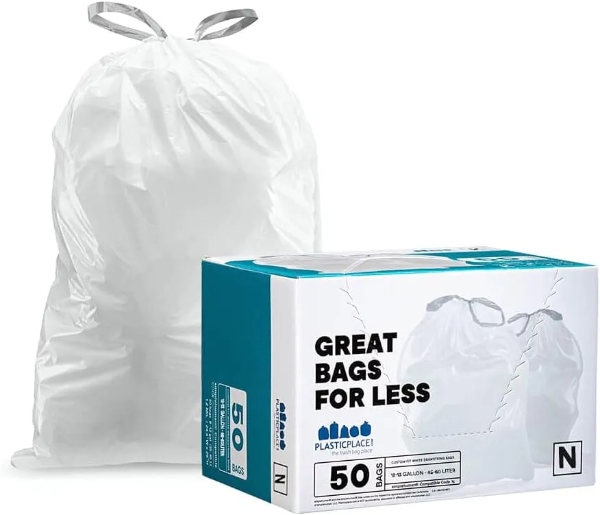 Plasticplace Custom Fit Trash Bags, Compatible with simplehuman Code N (50 Count) White Drawstring Garbage Liners 12-13 Gallon / 45-50 Liters, 22.5" x 31.5"