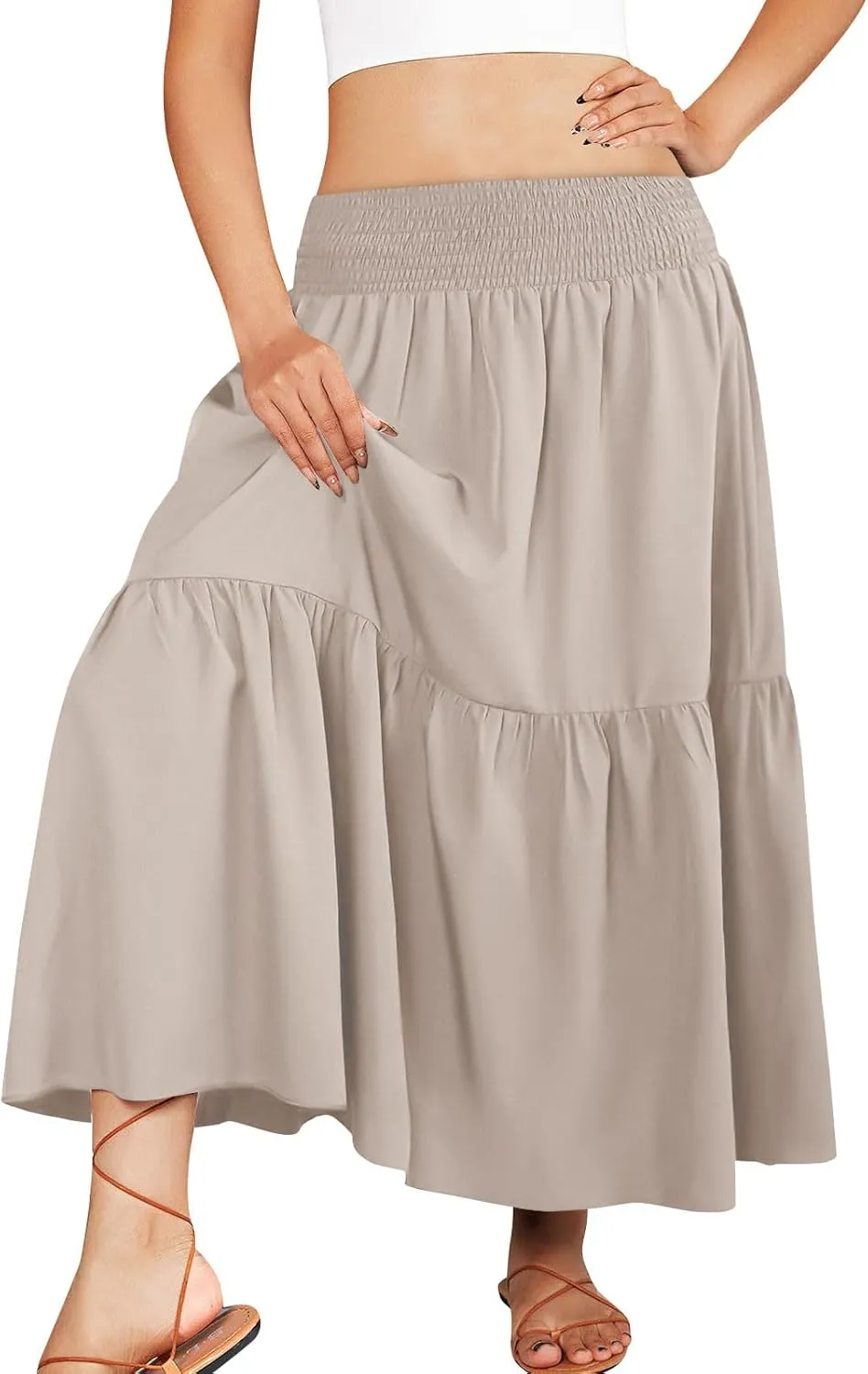 Pleated Long Skirts for Women Summer Casual Beach Vacation Elastic High Waisted Skirts A-Line Flowy Swing Maxi Skirt