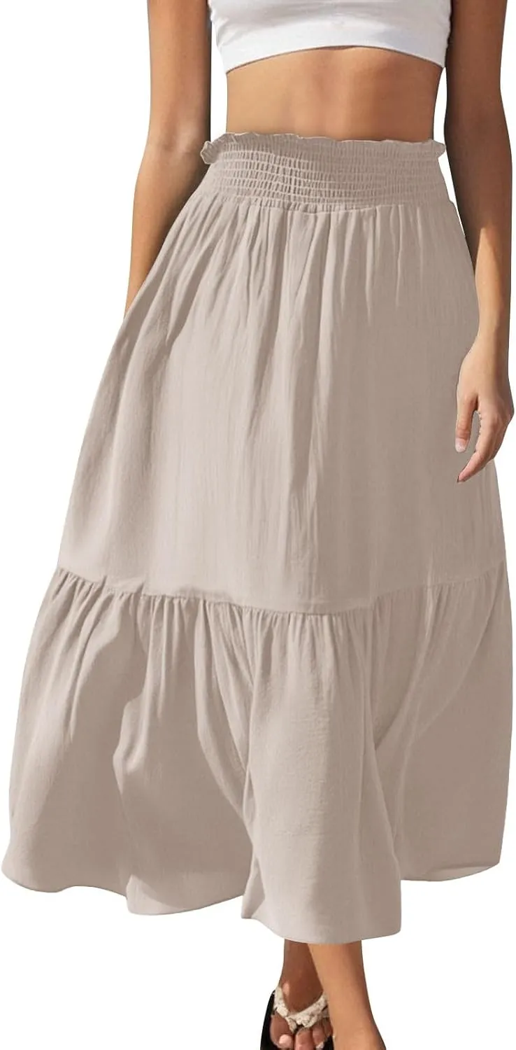Pleated Long Skirts for Women Summer Casual Beach Vacation Elastic High Waisted Skirts A-Line Flowy Swing Maxi Skirt