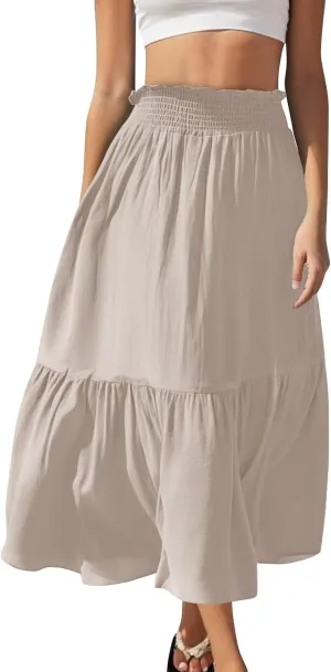 Pleated Long Skirts for Women Summer Casual Beach Vacation Elastic High Waisted Skirts A-Line Flowy Swing Maxi Skirt