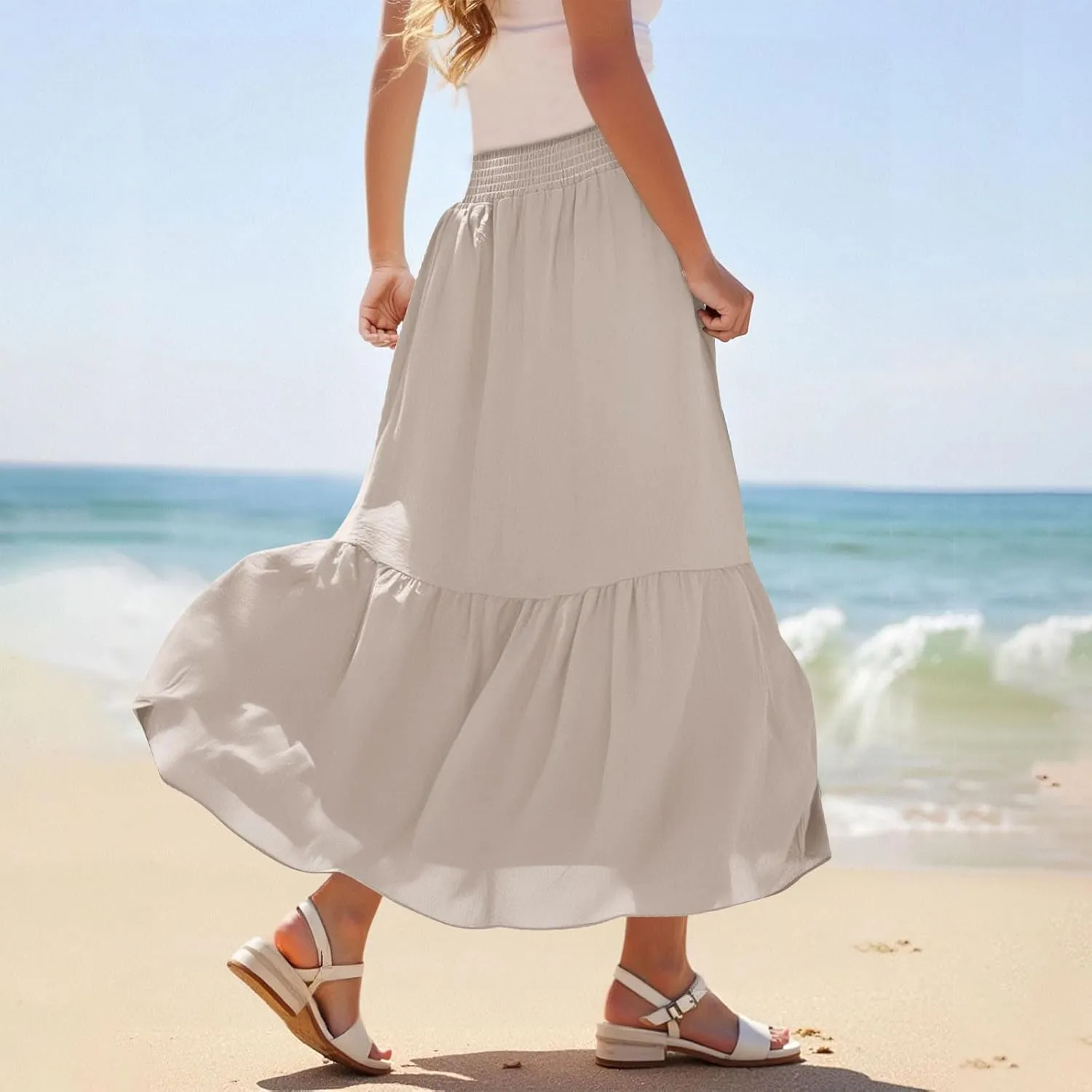 Pleated Long Skirts for Women Summer Casual Beach Vacation Elastic High Waisted Skirts A-Line Flowy Swing Maxi Skirt