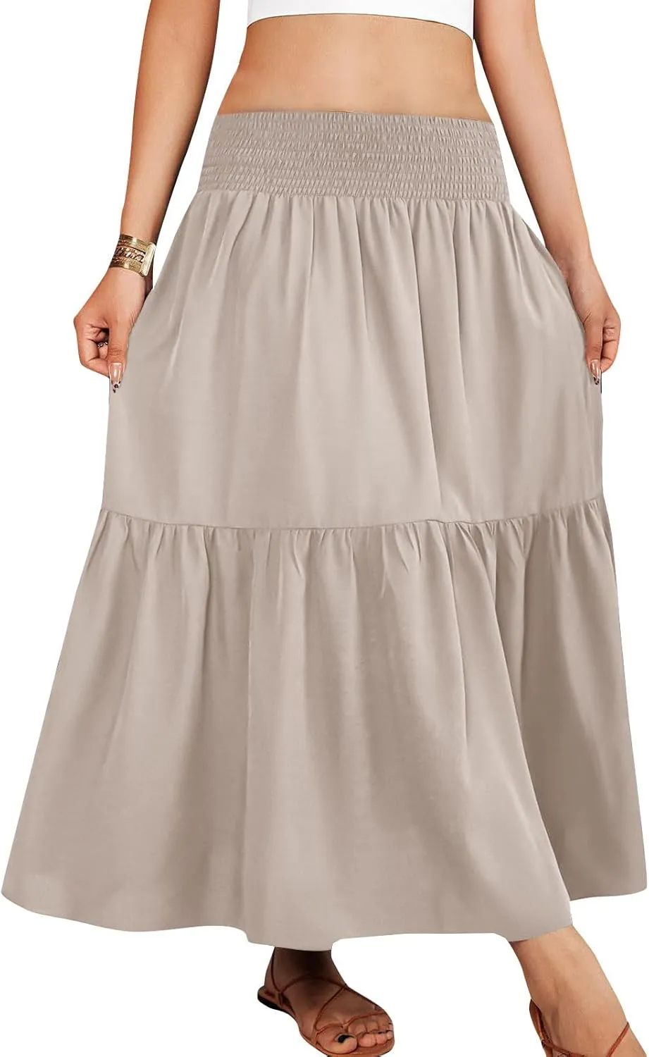 Pleated Long Skirts for Women Summer Casual Beach Vacation Elastic High Waisted Skirts A-Line Flowy Swing Maxi Skirt