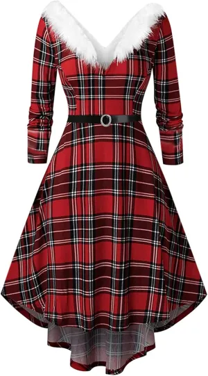 Plus Size Christmas Dress for Women Furry V Neck Long Sleeves Plaid High Low Dresses Vintage Evening Party Midi Dress