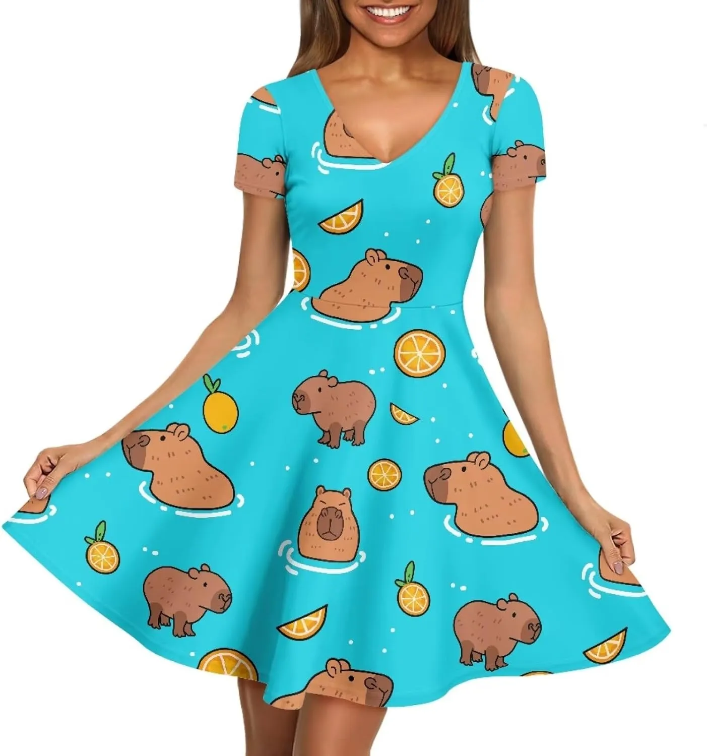 POLERO Colorful Dog Paw Dresses for Women V-Neck Dress for Casual Short Sleeves Midi Dresses
