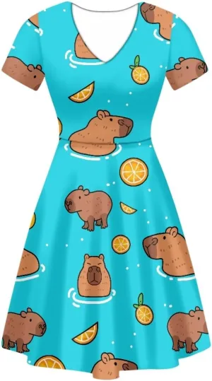 POLERO Colorful Dog Paw Dresses for Women V-Neck Dress for Casual Short Sleeves Midi Dresses
