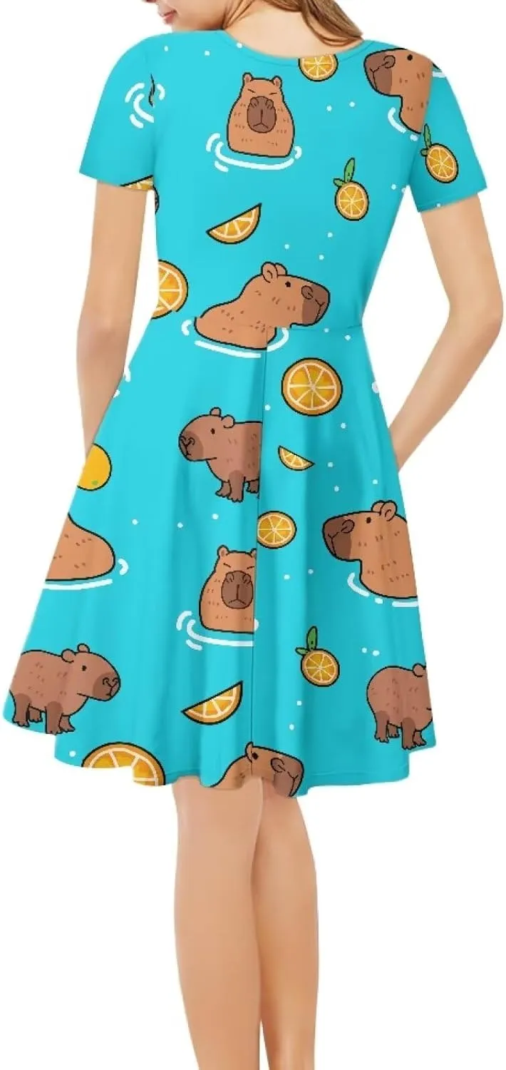 POLERO Colorful Dog Paw Dresses for Women V-Neck Dress for Casual Short Sleeves Midi Dresses
