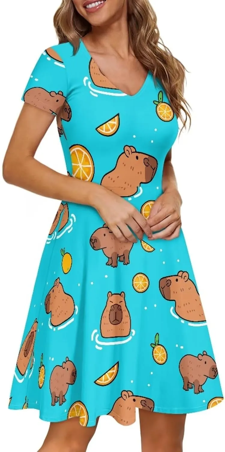 POLERO Colorful Dog Paw Dresses for Women V-Neck Dress for Casual Short Sleeves Midi Dresses