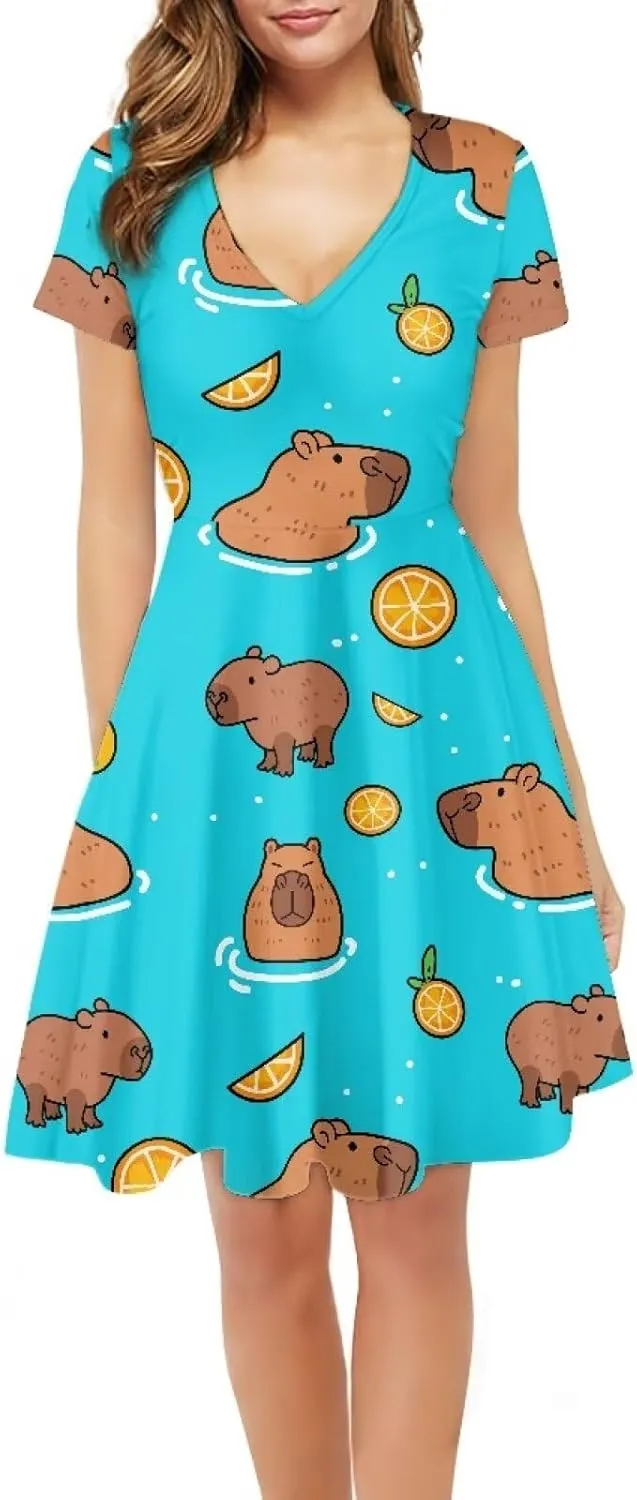 POLERO Colorful Dog Paw Dresses for Women V-Neck Dress for Casual Short Sleeves Midi Dresses