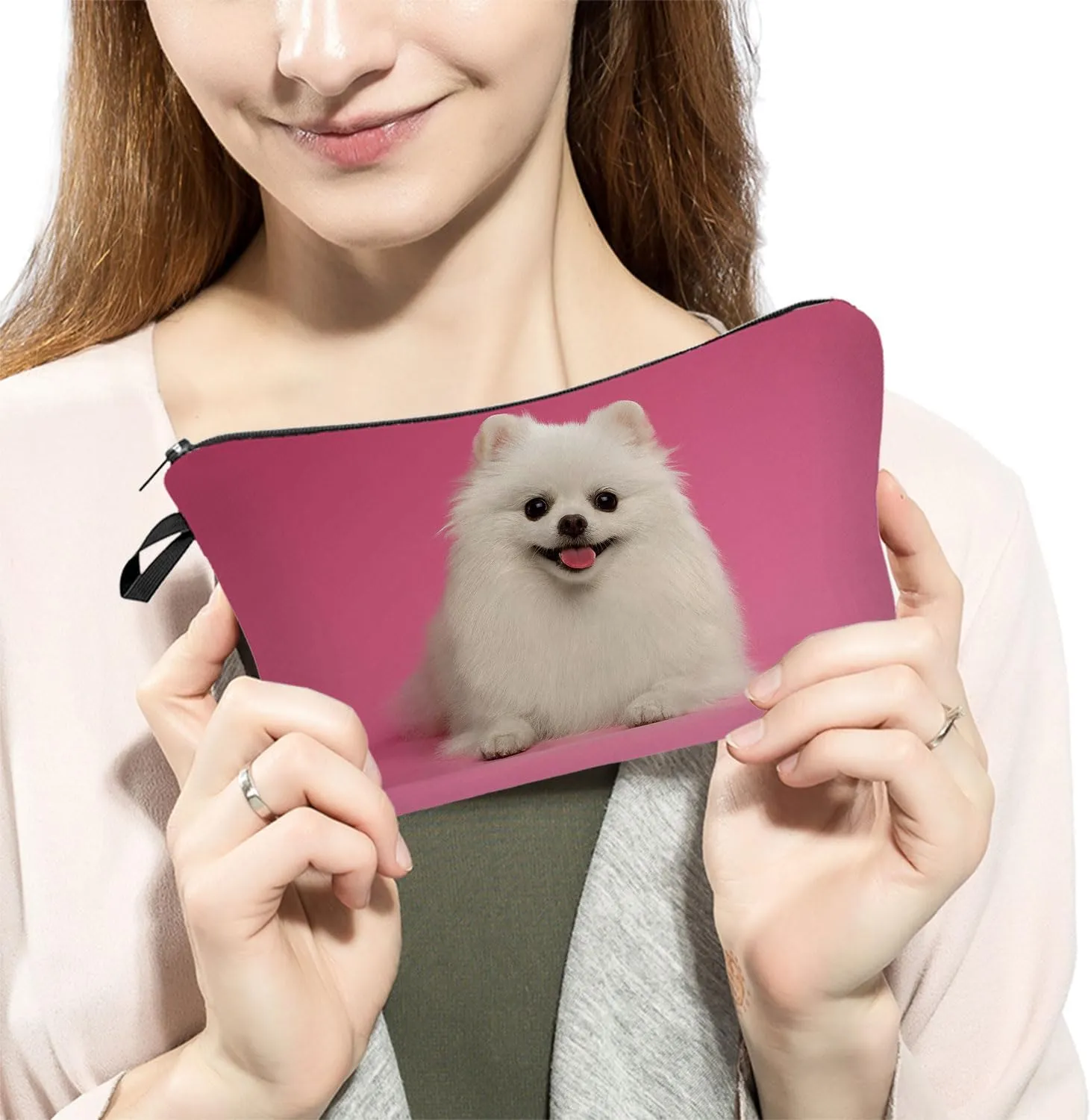 Pomeranian Puppy Makeup Bag Cute Small Makeup Organizer Bag Travel Toiletry Zipper Pouch Birthday Christmas Gift for Dog Lovers Pink Dog Cosmetic Bag for Women Friends Sisters