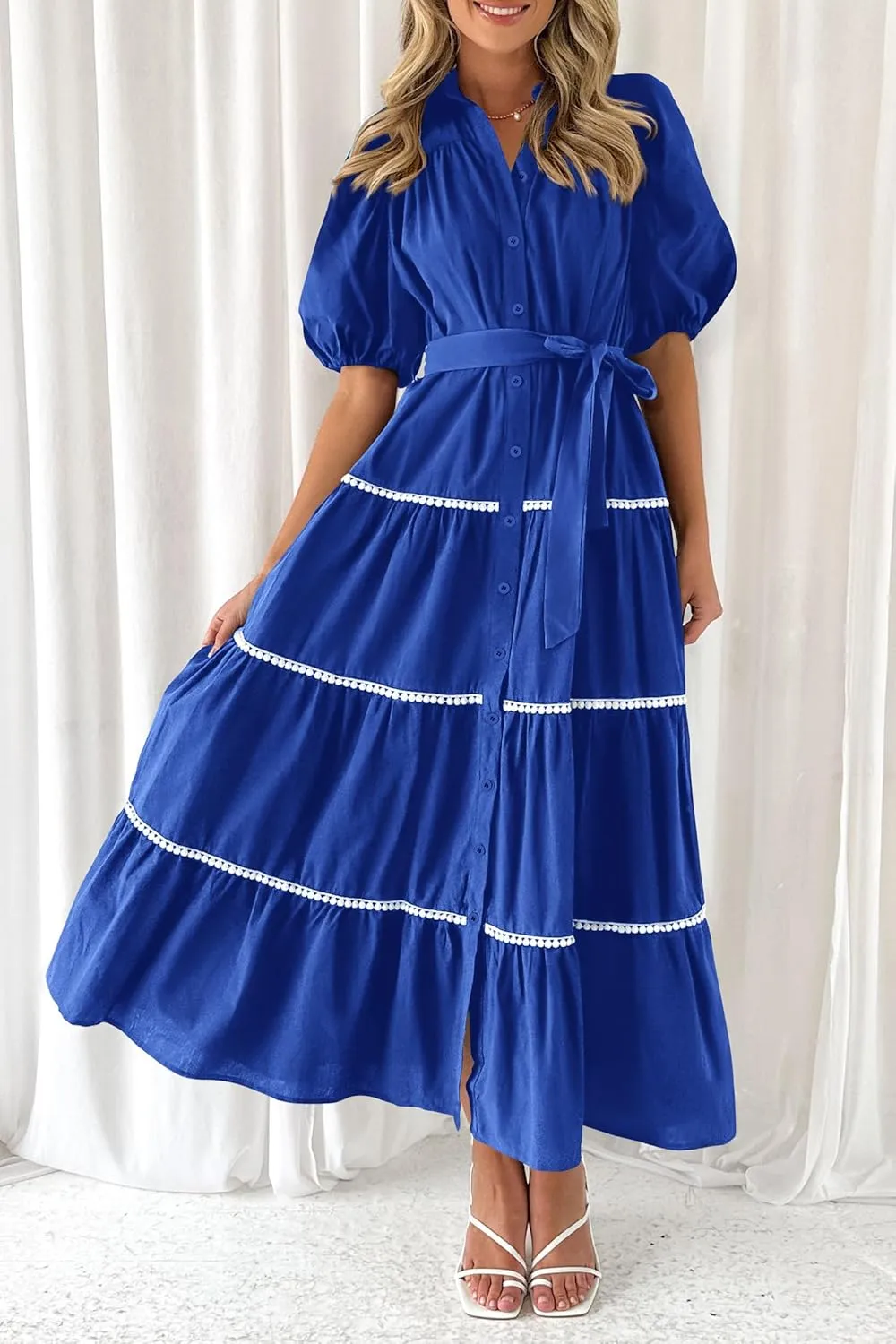 PRETTYGARDEN Women's Summer Button Down Shirt Dress Short Puffy Sleeve Tiered Ruffle Flowy Long Maxi Dresses