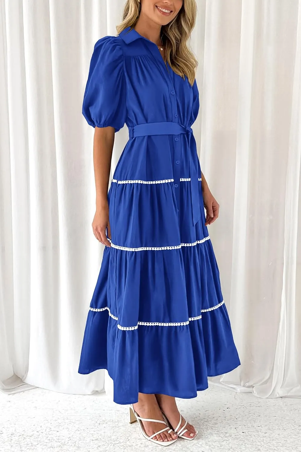 PRETTYGARDEN Women's Summer Button Down Shirt Dress Short Puffy Sleeve Tiered Ruffle Flowy Long Maxi Dresses