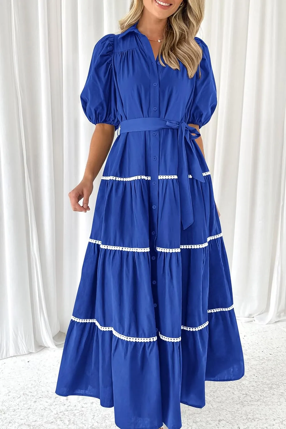 PRETTYGARDEN Women's Summer Button Down Shirt Dress Short Puffy Sleeve Tiered Ruffle Flowy Long Maxi Dresses