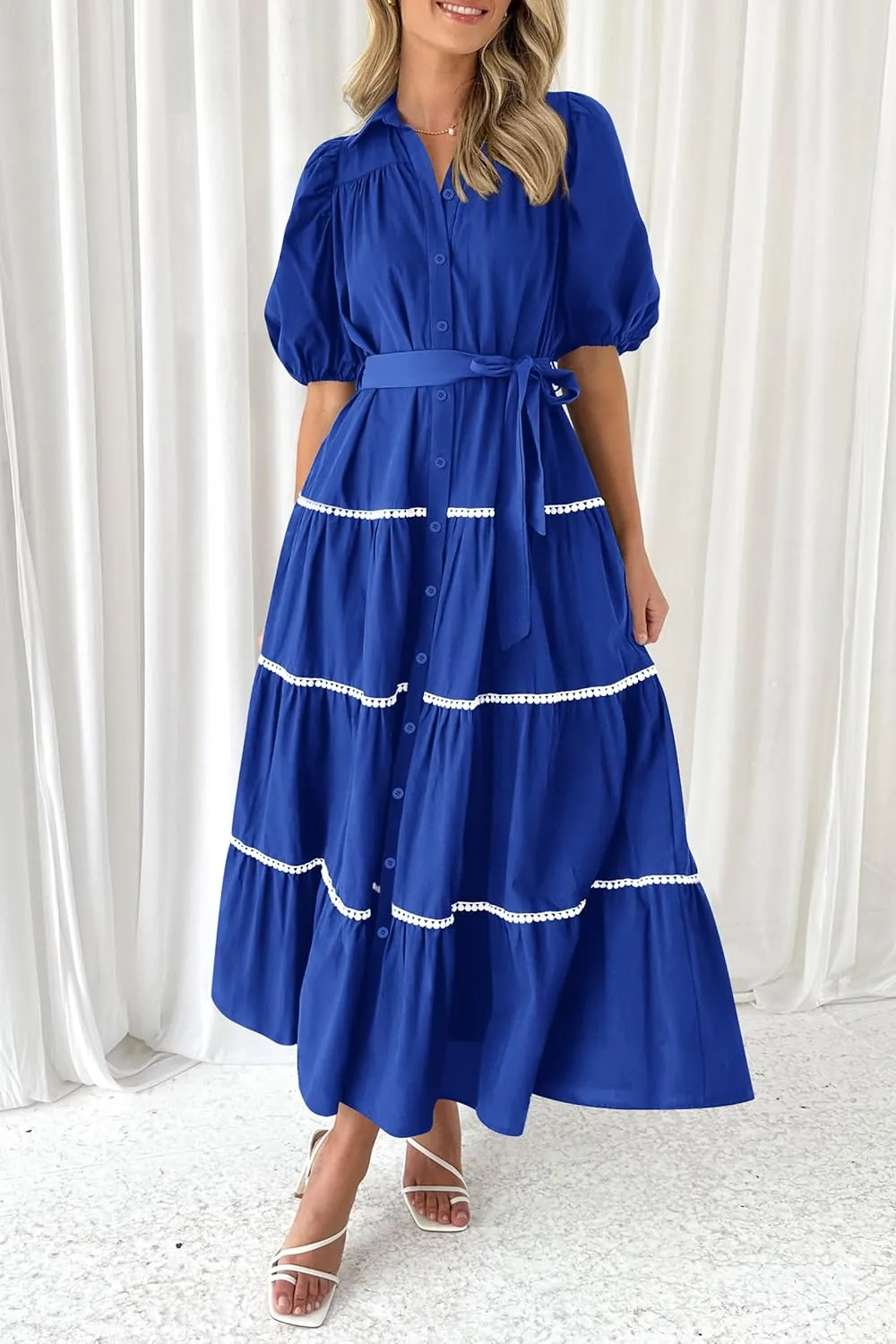 PRETTYGARDEN Women's Summer Button Down Shirt Dress Short Puffy Sleeve Tiered Ruffle Flowy Long Maxi Dresses