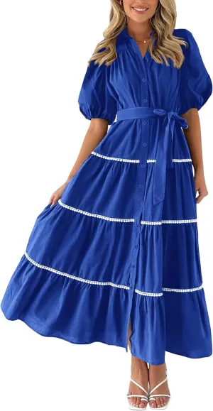 PRETTYGARDEN Women's Summer Button Down Shirt Dress Short Puffy Sleeve Tiered Ruffle Flowy Long Maxi Dresses