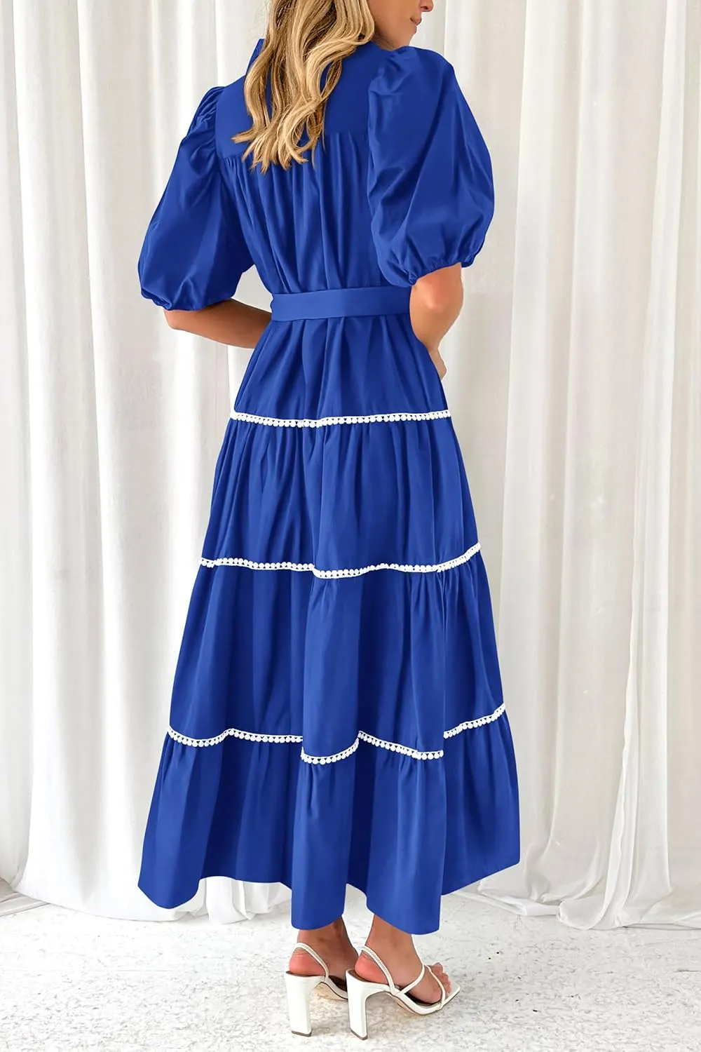 PRETTYGARDEN Women's Summer Button Down Shirt Dress Short Puffy Sleeve Tiered Ruffle Flowy Long Maxi Dresses
