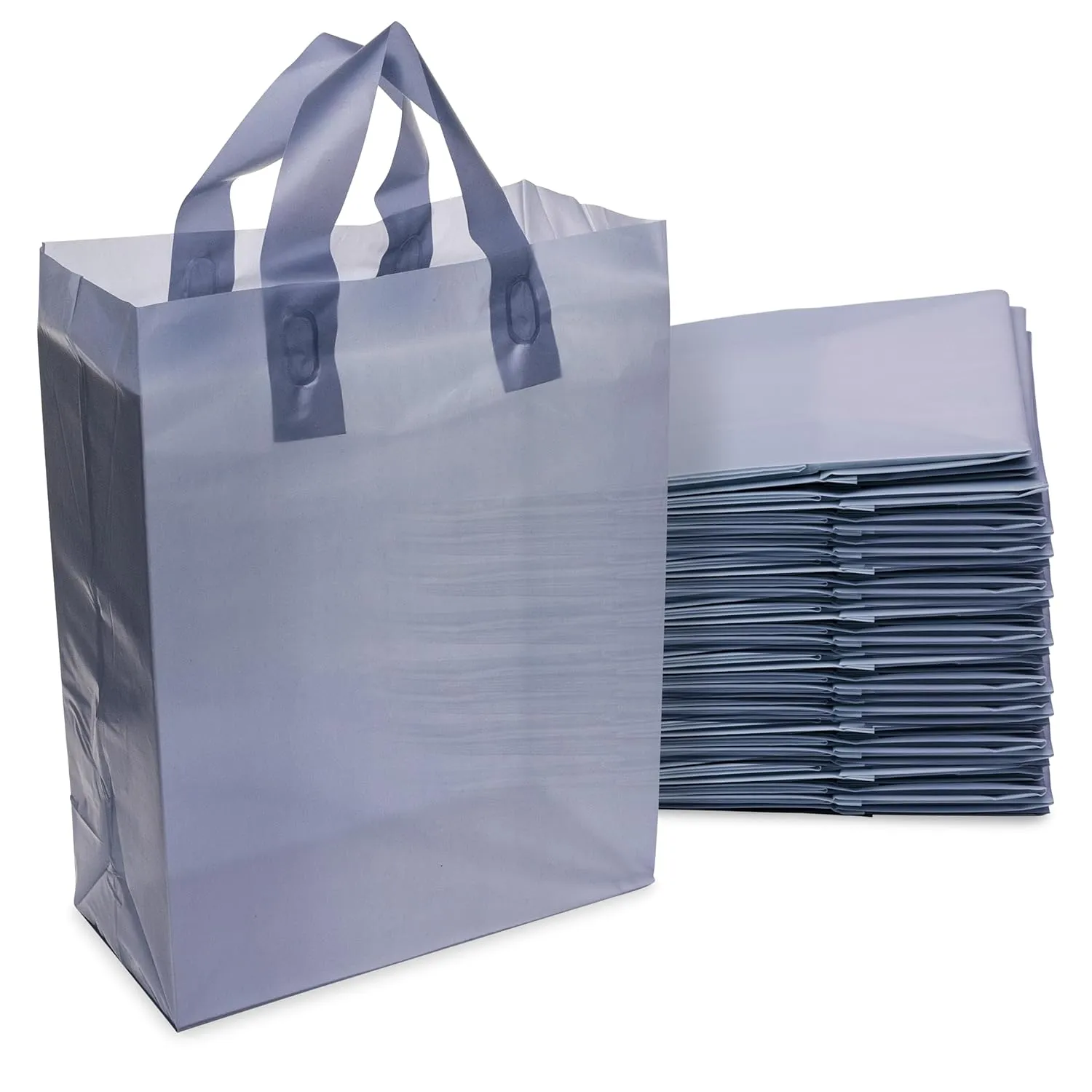 Prime Line Packaging Navy Blue Gift Bags, Medium Frosted Plastic Tote with Handles, Small Business, Boutiques, Retail, Shopping Bulk, 10x5x13 100 Pack