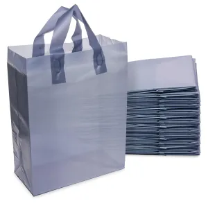 Prime Line Packaging Navy Blue Gift Bags, Medium Frosted Plastic Tote with Handles, Small Business, Boutiques, Retail, Shopping Bulk, 10x5x13 100 Pack