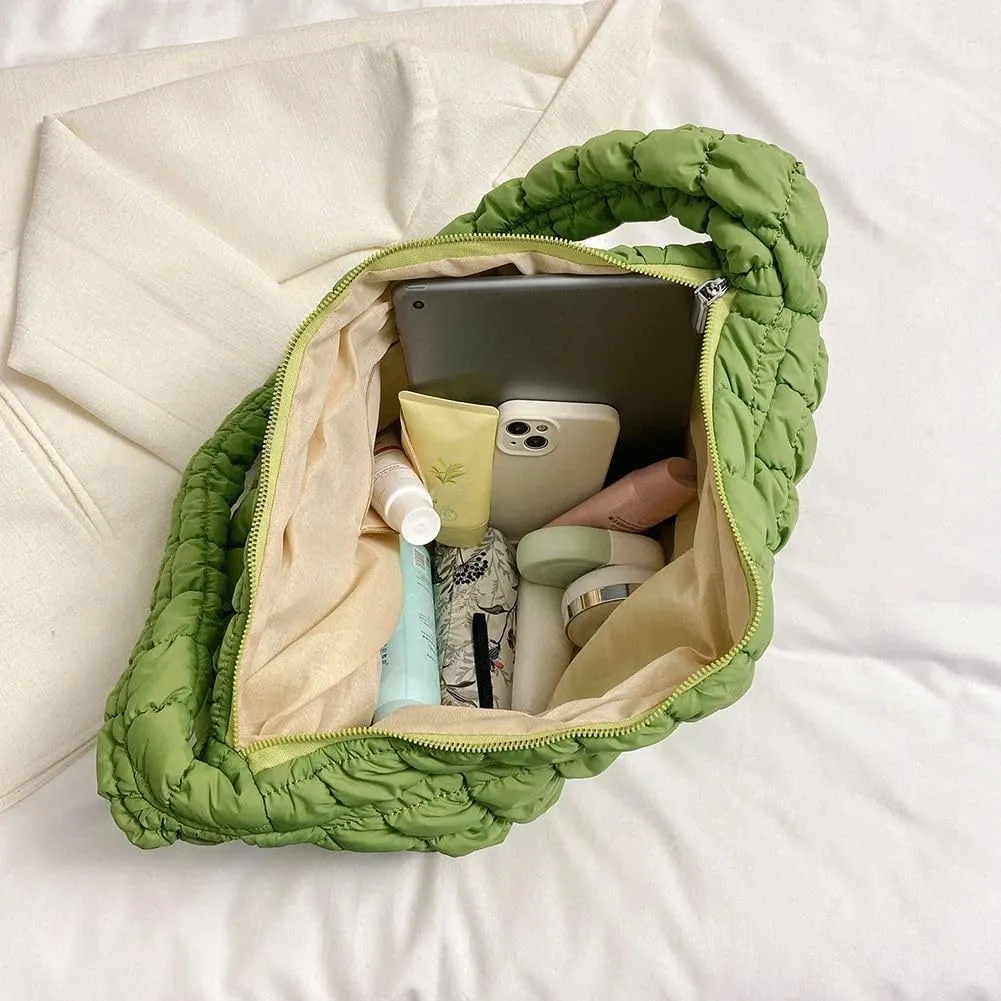 Puffer Tote Bag for Women Quilted Crossbody Bag Puffer Bags Cloud Shoulder Bag Hobo Bag Purses Satchel Work Bag (Green,Medium)