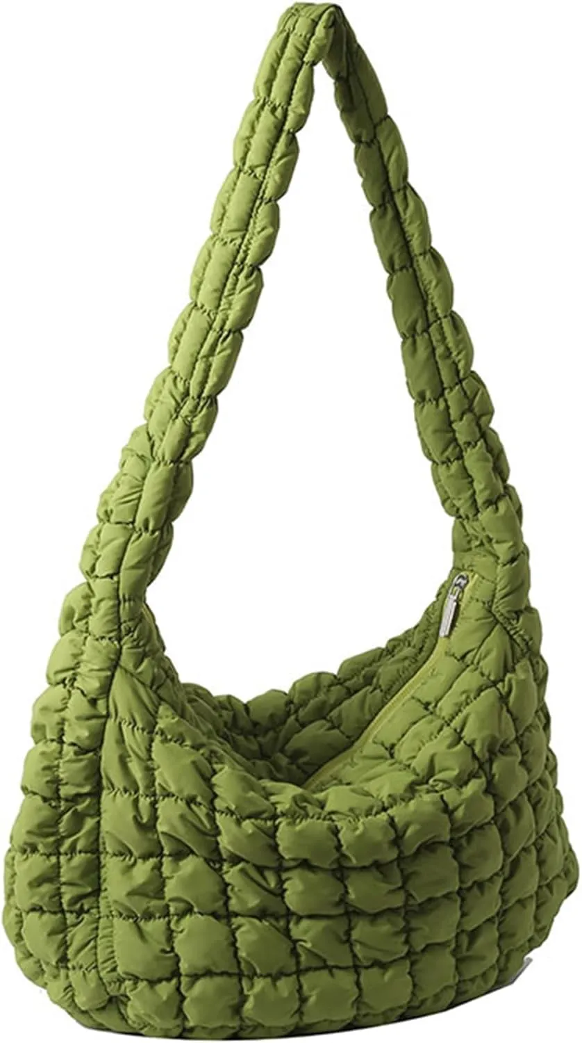Puffer Tote Bag for Women Quilted Crossbody Bag Puffer Bags Cloud Shoulder Bag Hobo Bag Purses Satchel Work Bag (Green,Medium)