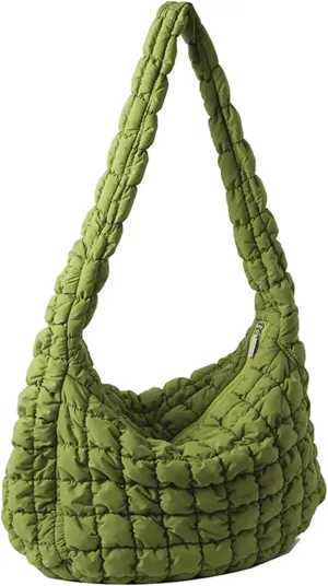 Puffer Tote Bag for Women Quilted Crossbody Bag Puffer Bags Cloud Shoulder Bag Hobo Bag Purses Satchel Work Bag (Green,Medium)