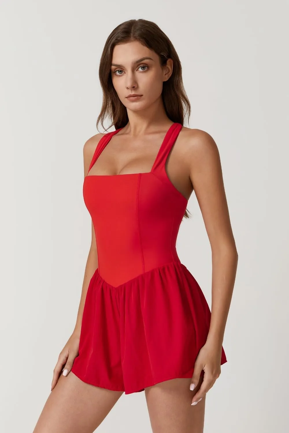 QINSEN Women's Square Neck Sleeveless Romper Jumpsuit Casual Summer One Piece Outfit with Pocket