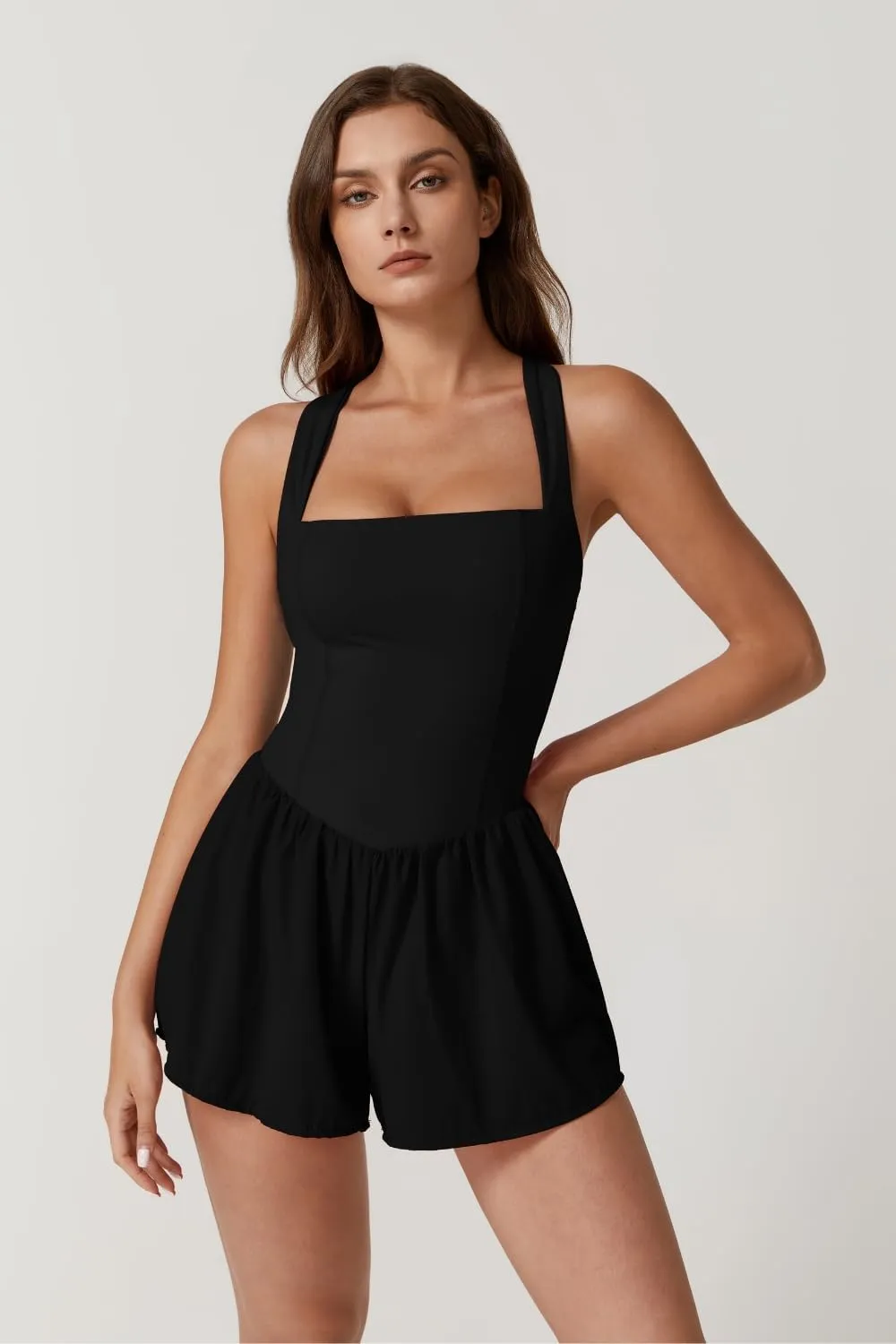QINSEN Women's Square Neck Sleeveless Romper Jumpsuit Casual Summer One Piece Outfit with Pocket