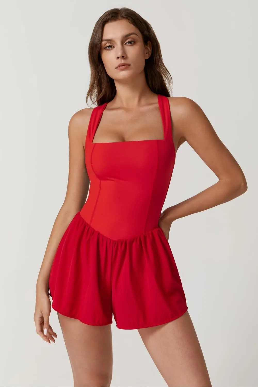 QINSEN Women's Square Neck Sleeveless Romper Jumpsuit Casual Summer One Piece Outfit with Pocket