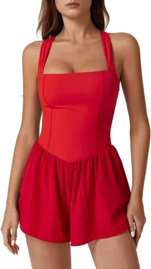 QINSEN Women's Square Neck Sleeveless Romper Jumpsuit Casual Summer One Piece Outfit with Pocket